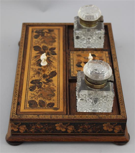 A Tunbridge ware rosewood floral mosaic and perspective cube inkstand, 10.5in.
